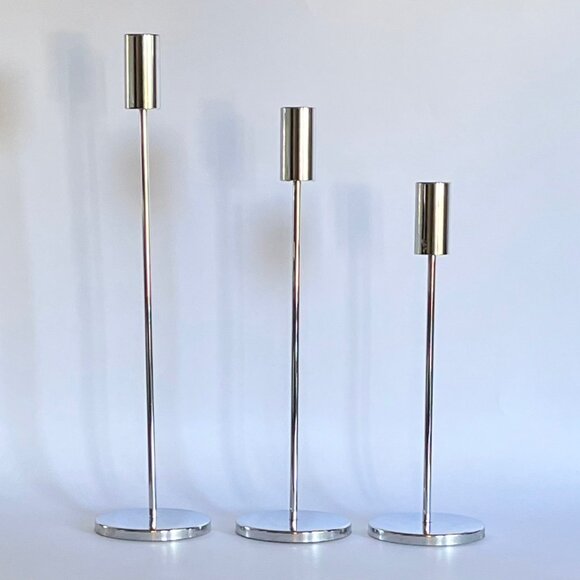Set of 3 Mid Century Modern Style Chrome Graduated Tiered Candle Stick Holders - Picture 3 of 7